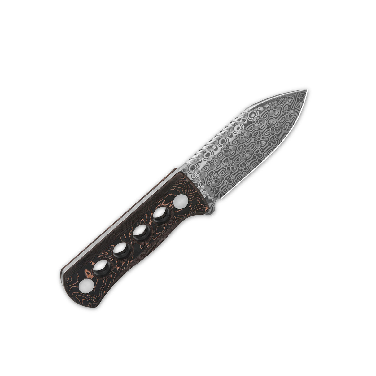 QSP Canary Neck Knife with laminated Damascus blade and sleek patterned handle.