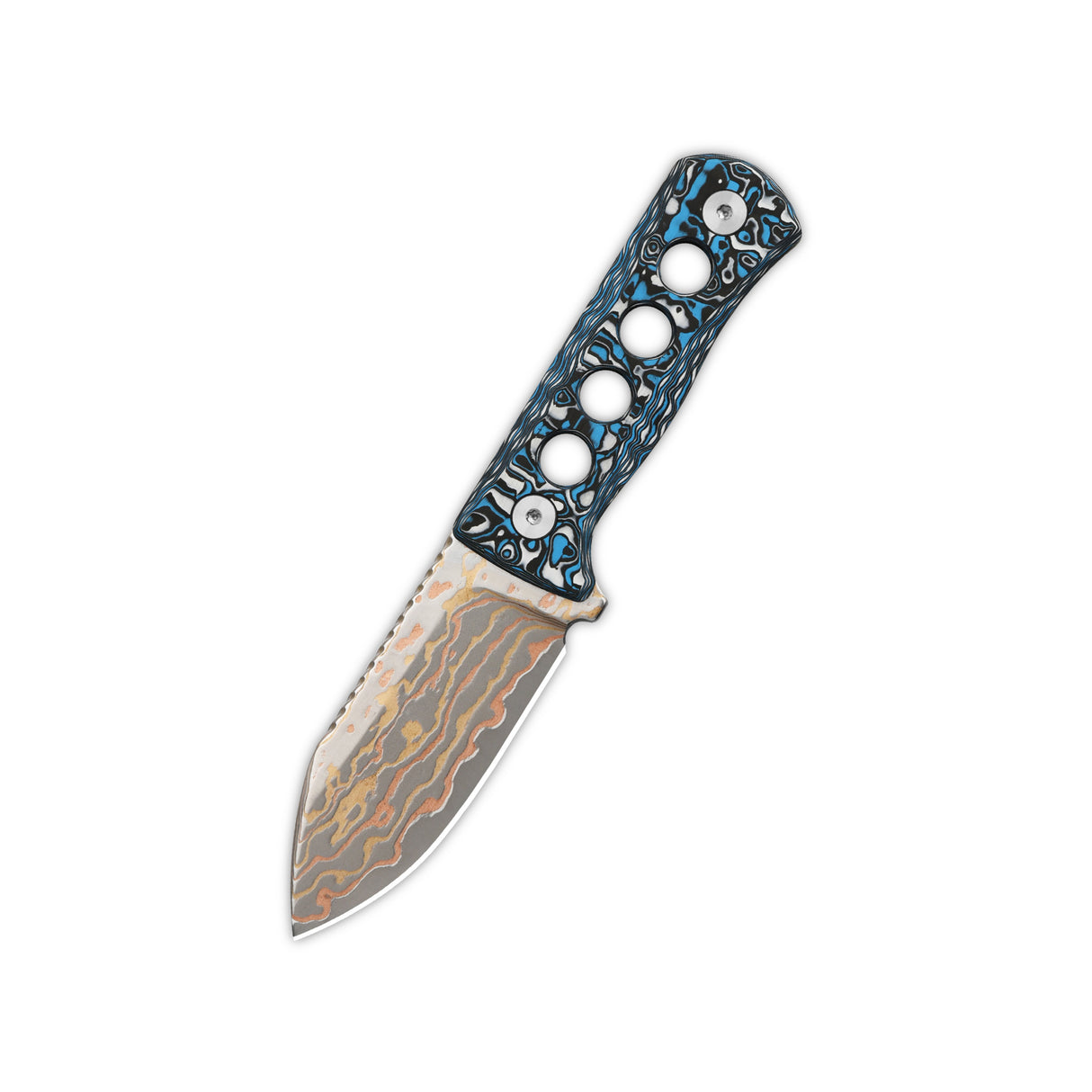 QSP Canary neck knife with brass copper damascus blade and camo carbon fiber handle