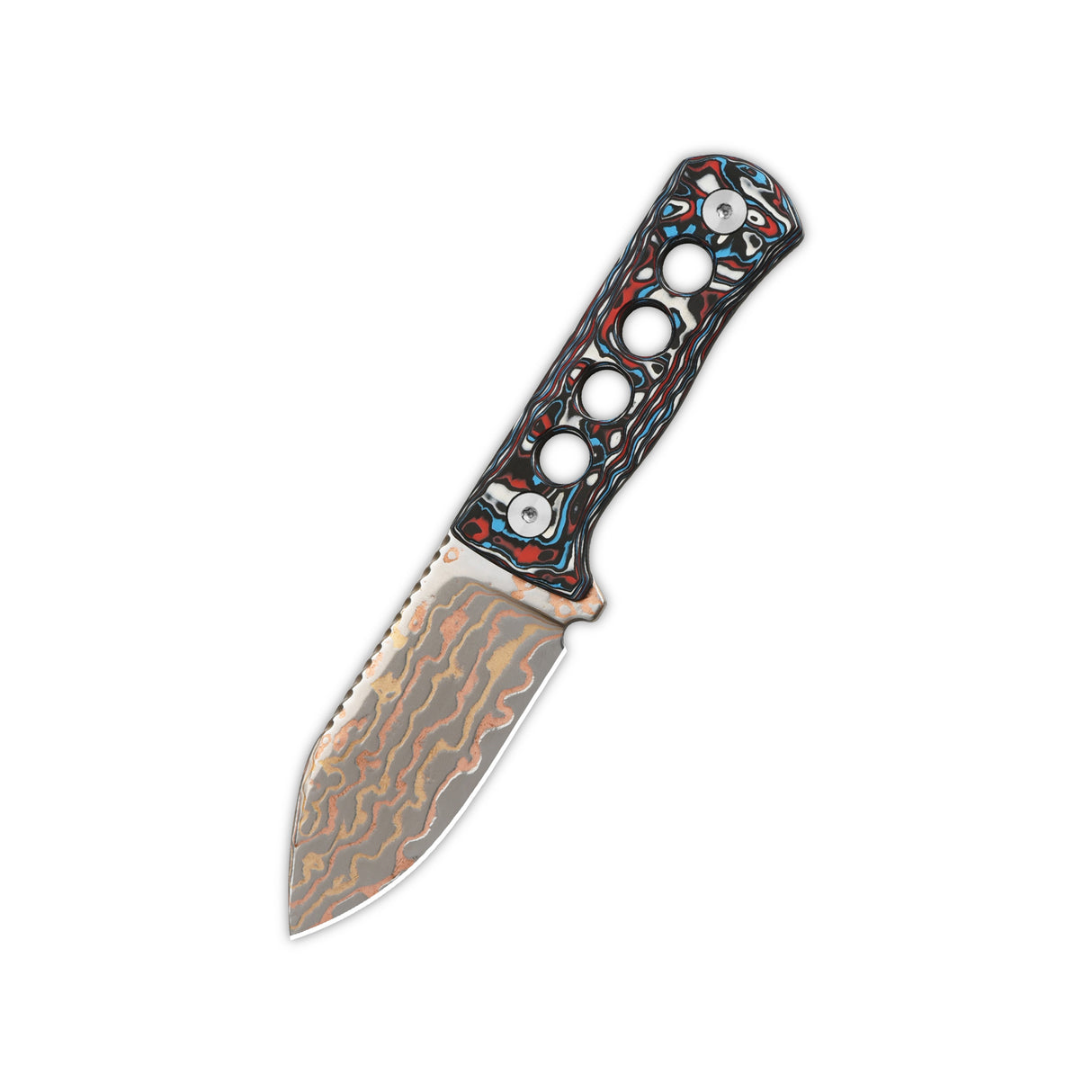 QSP Canary neck knife featuring brass copper Damascus blade and colorful camo handle design.