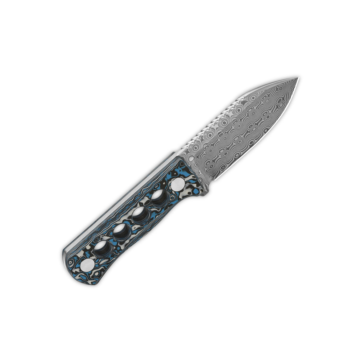 QSP Canary Neck Knife with laminated Damascus blade and camo handle, includes sheath.