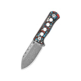 QSP Canary Neck Knife with Laminated Damascus blade and colorful camo handle.