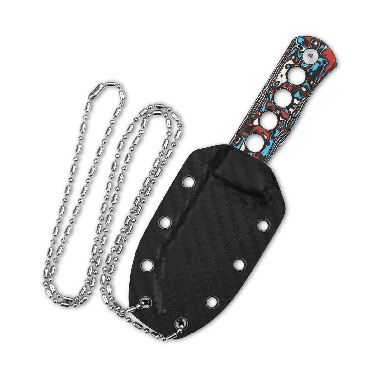 QSP Canary Neck Knife in Kydex sheath with chain for easy carry.