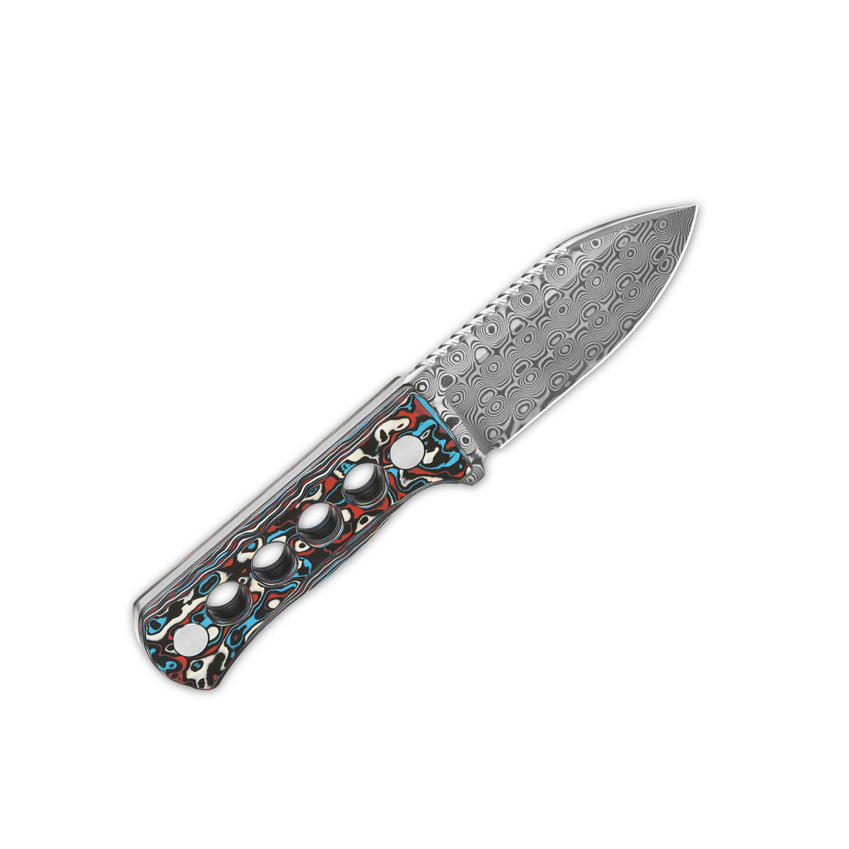 QSP Canary Neck Knife with laminated Damascus blade and colorful camo handle.