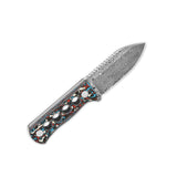 QSP Canary Neck Knife with laminated Damascus blade and colorful camo handle.