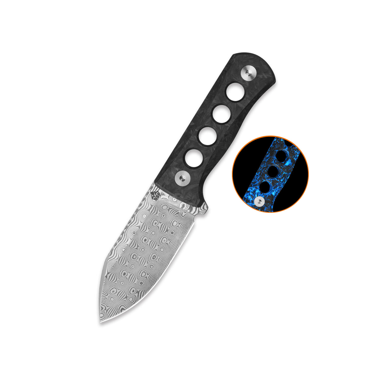 QSP Canary Neck Knife Laminated Damascus Blade Glow-in-the-Dark Shredded CF Handle