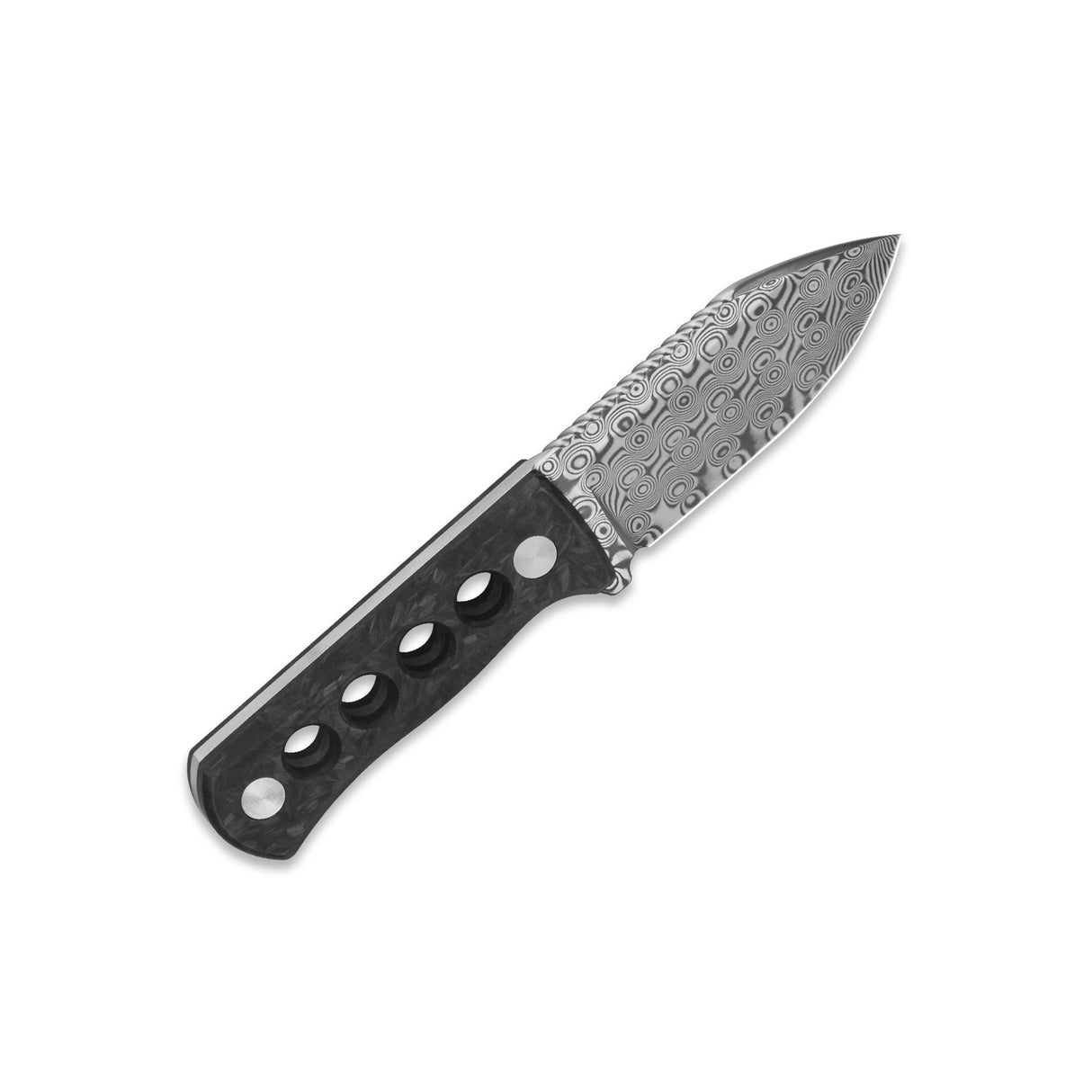 QSP Canary Neck Knife Laminated Damascus Blade Glow-in-the-Dark Shredded CF Handle
