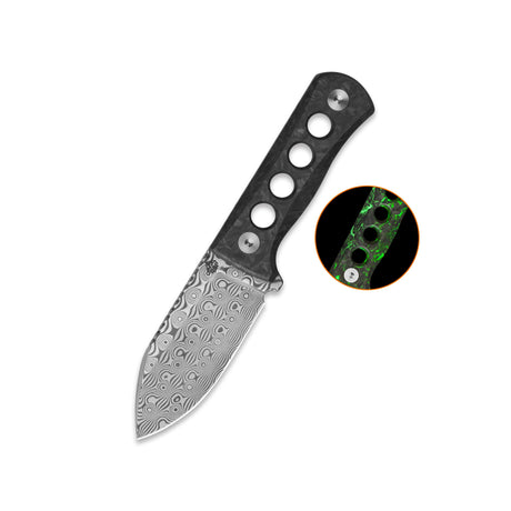 QSP Canary Neck Knife Laminated Damascus Blade Glow-in-the-Dark Shredded CF Handle