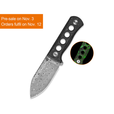 QSP Canary Neck Knife Laminated Damascus Blade Glow-in-the-Dark Shredded CF Handle