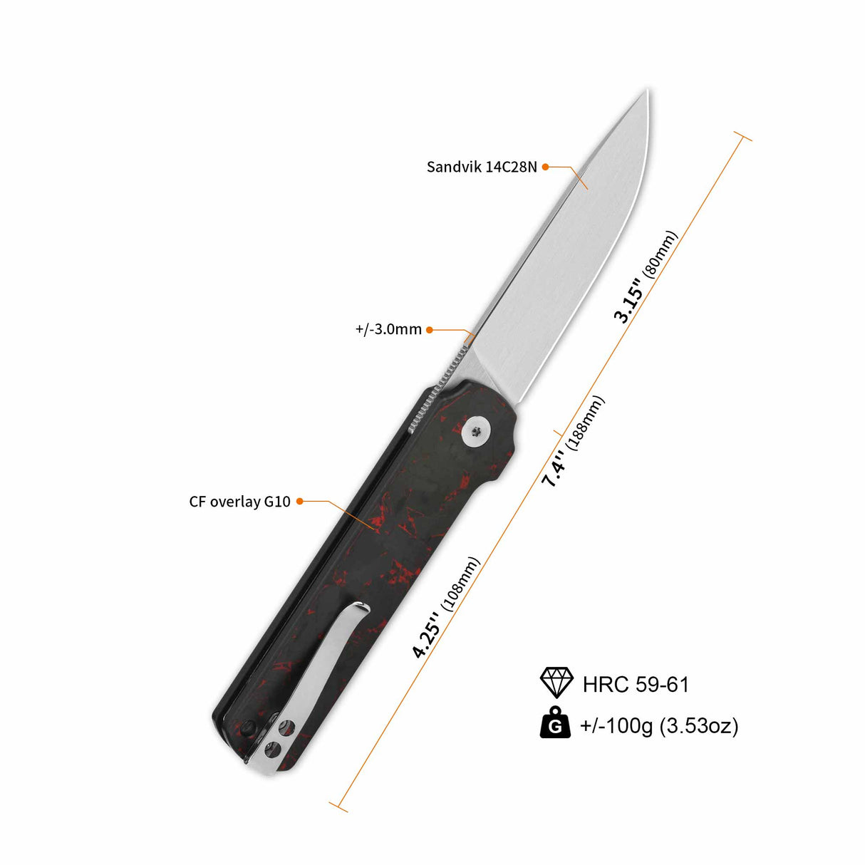 QSP Lark pocket knife with Sandvik 14C28N blade and CF overlay G10 handle features.