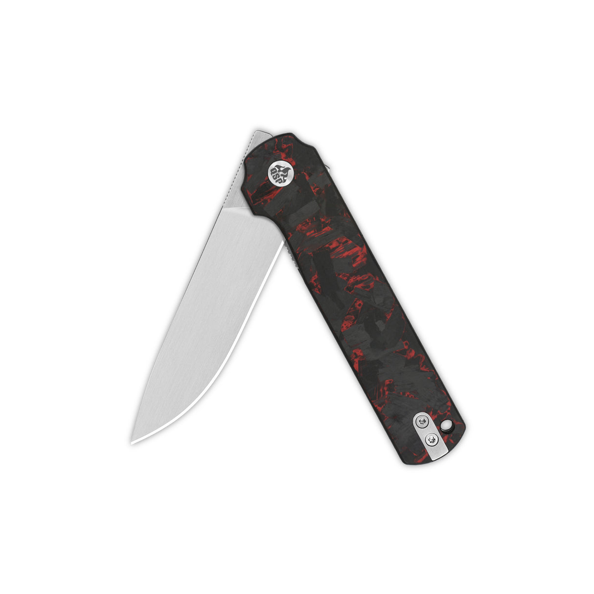 QSP Lark pocket knife featuring a satin 14C28N blade and G10 handle in shredded carbon fiber design.