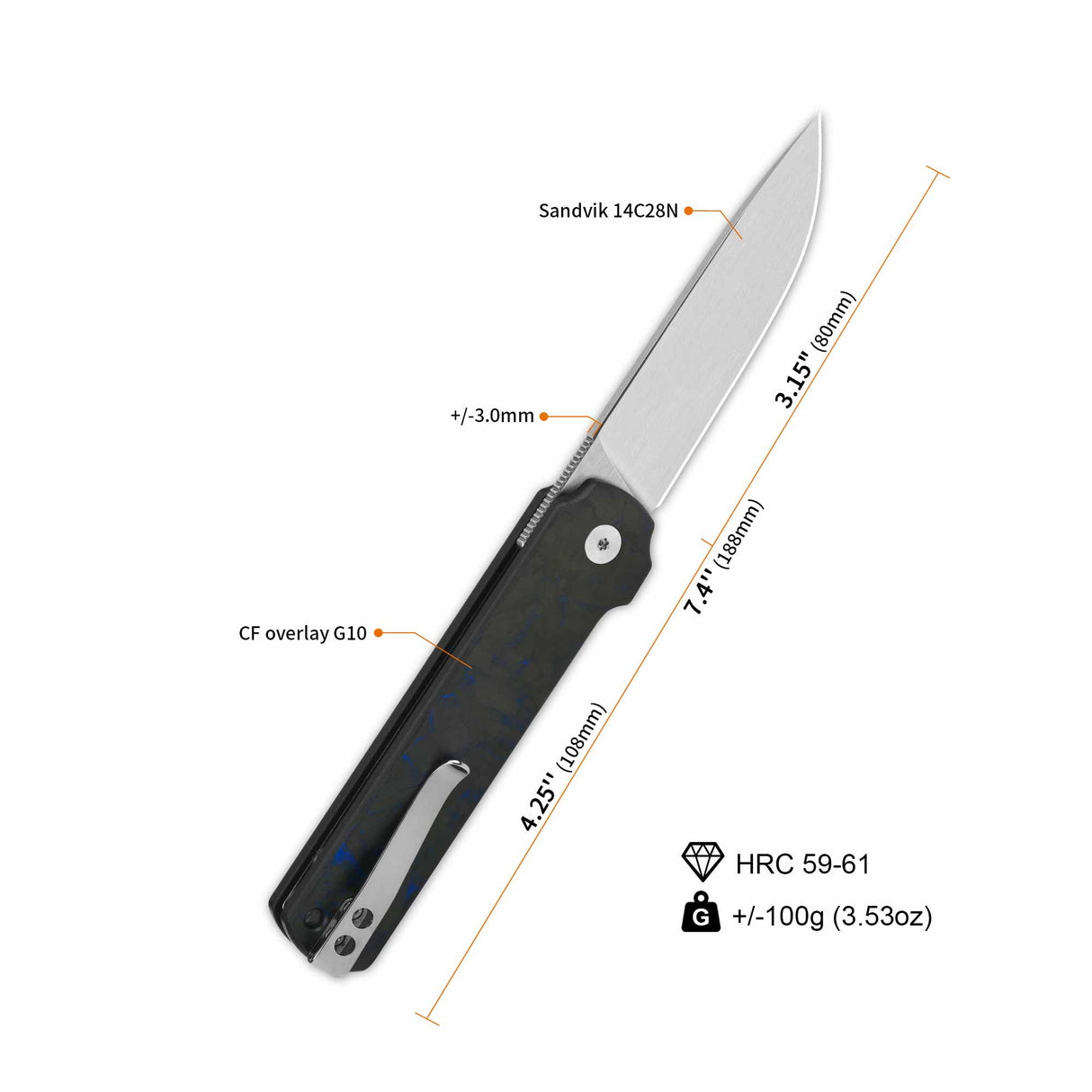QSP Lark pocket knife with 14C28N satin blade and G10 handle dimensions.