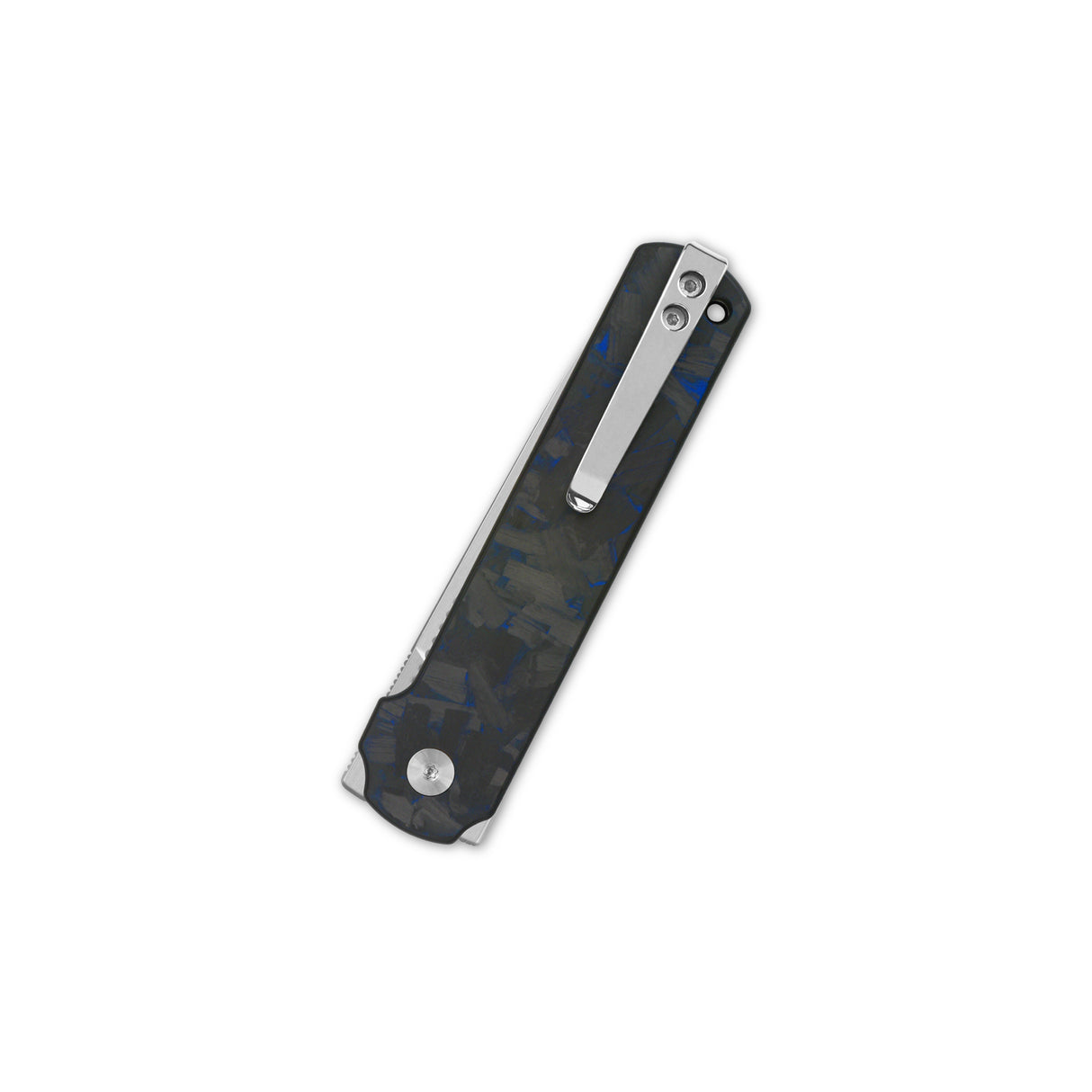 QSP Lark pocket knife with shredded CF overlay G10 handle and stainless steel clip.