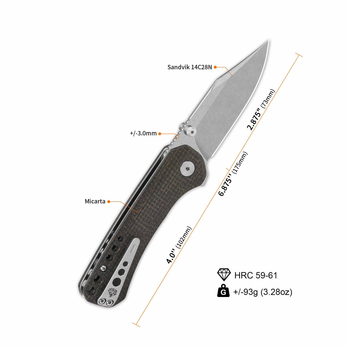 QSP Kestrel pocket knife with clip point blade and dark brown micarta handle.