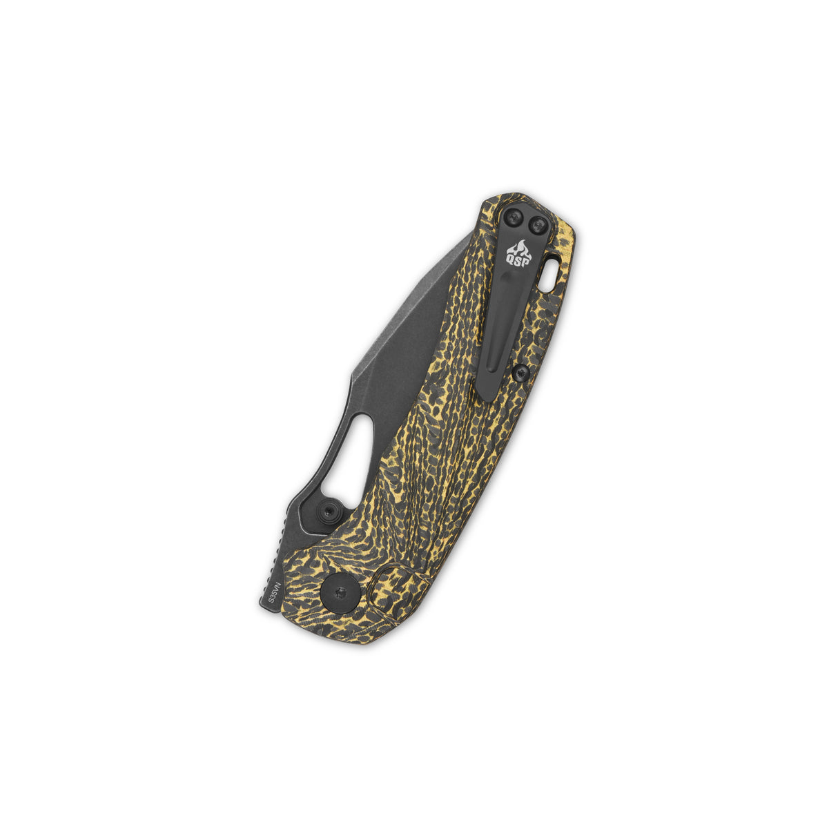 QSP Hornbill pocket knife featuring a S35VN blade and golden carbon fiber handle.