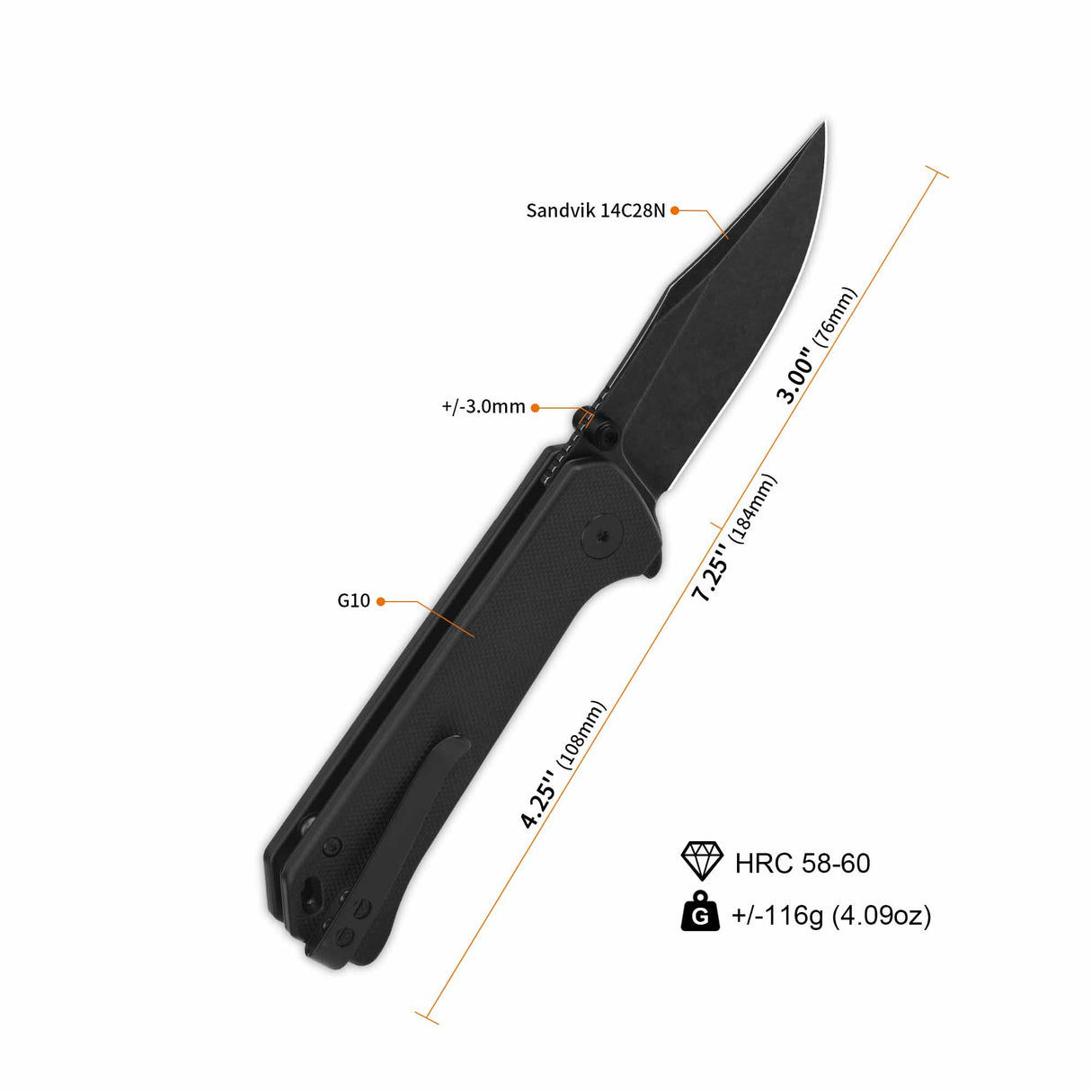 Open QSP Grebe pocket knife with black G10 handle and 14C28N blade dimensions