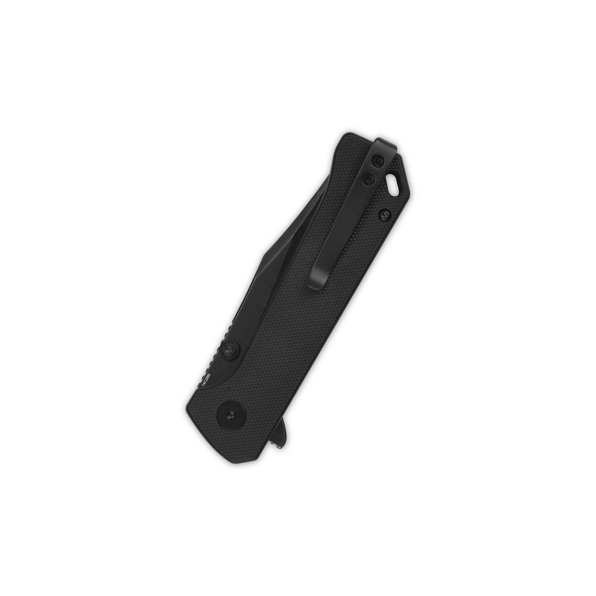 Closed QSP Grebe pocket knife featuring black G10 handle and stainless steel clip.