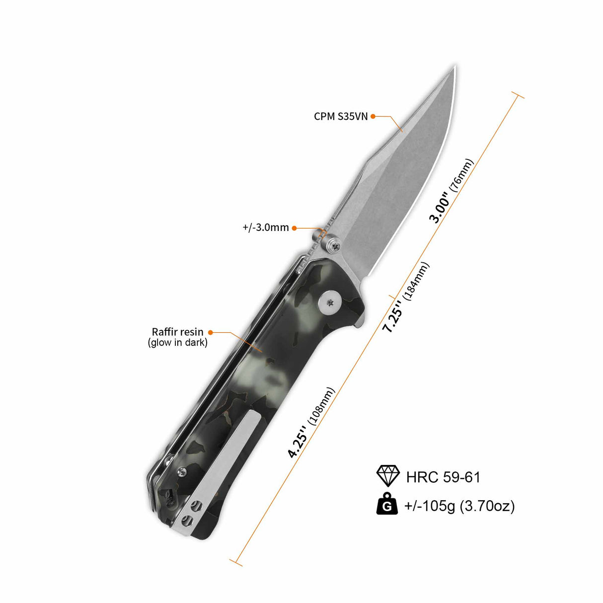 QSP Grebe pocket knife with glow-in-the-dark Raffir resin handle and S35VN blade.