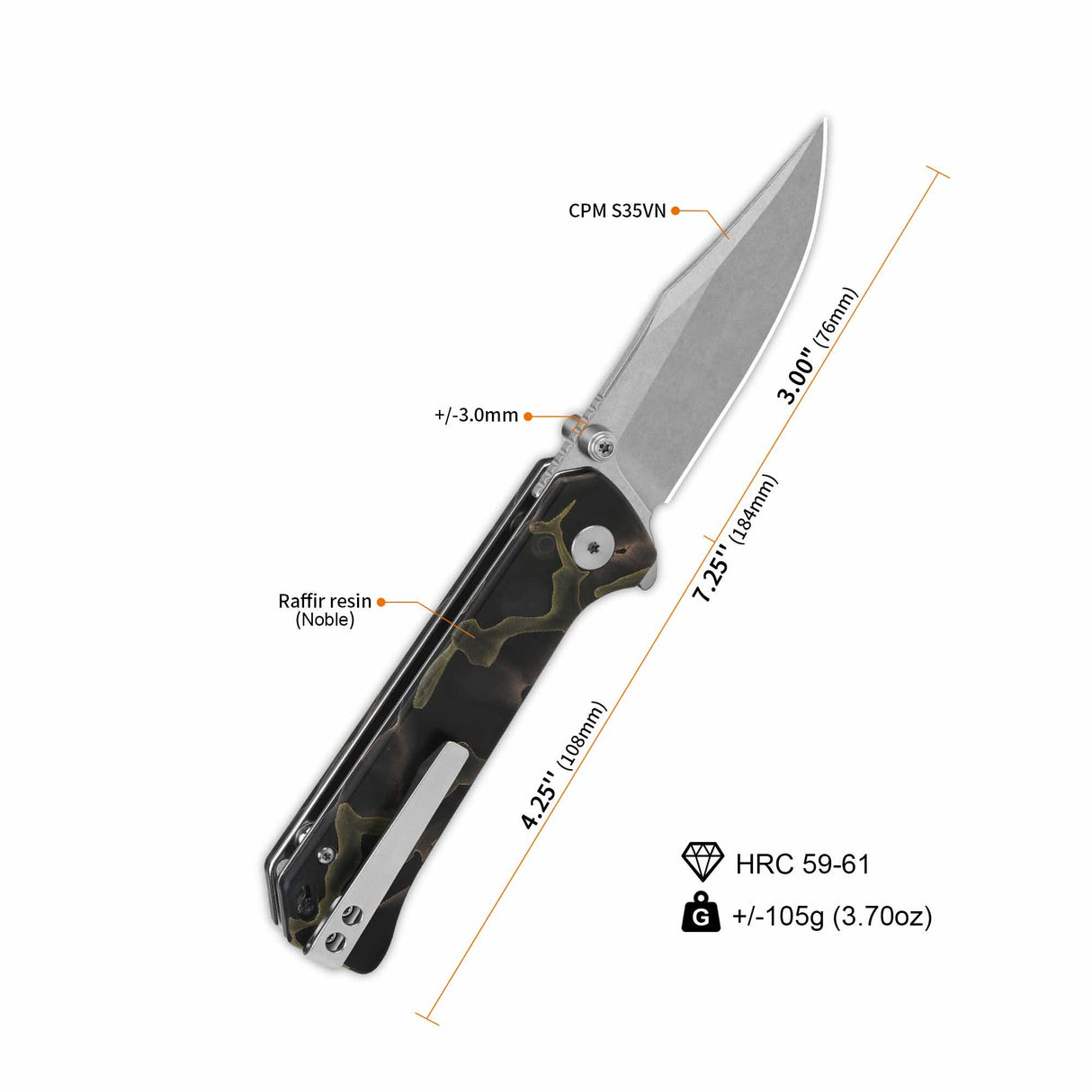 QSP Grebe pocket knife with S35VN blade and Raffir resin handle dimensions