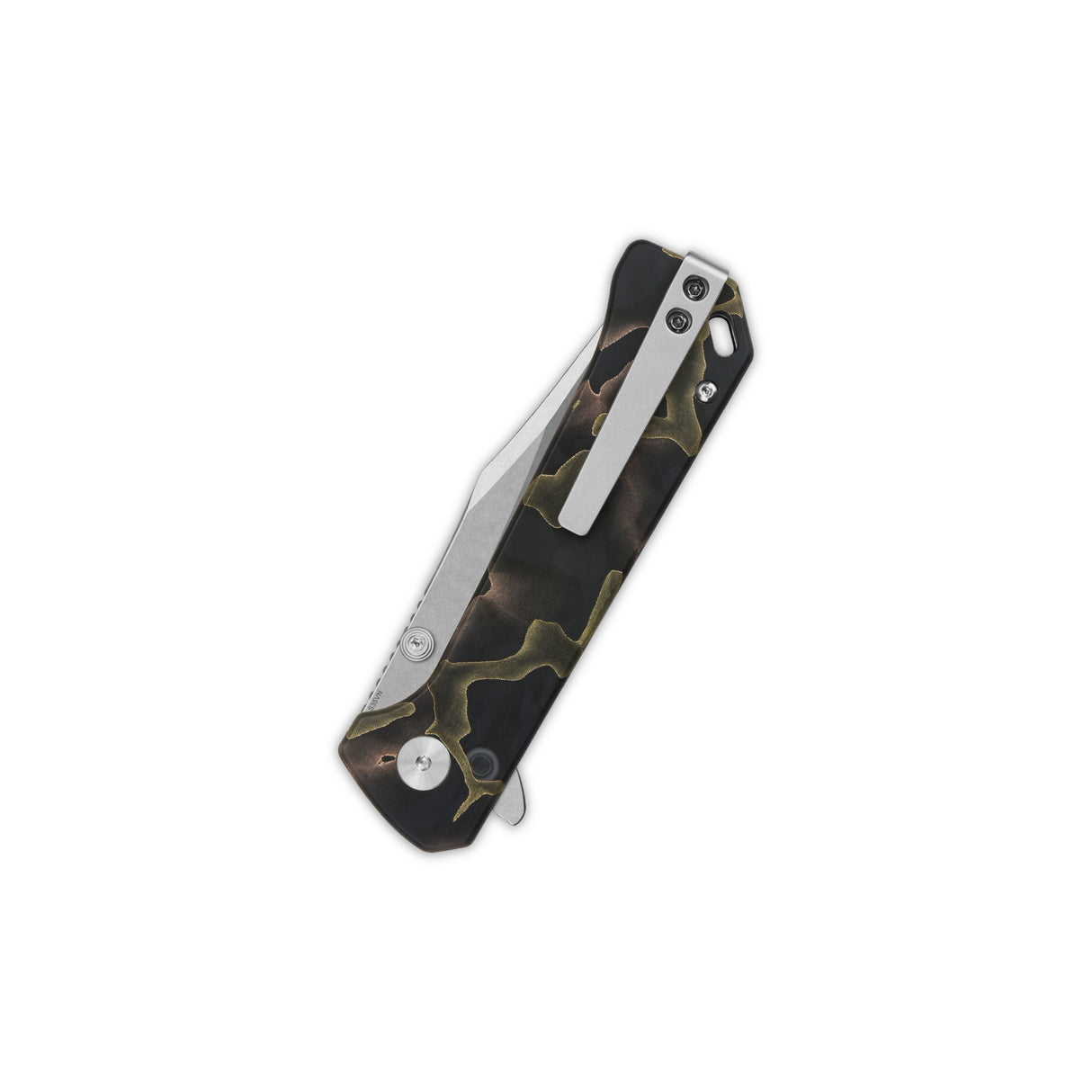 QSP Grebe pocket knife side view with camouflage Raffir resin handle and S35VN blade