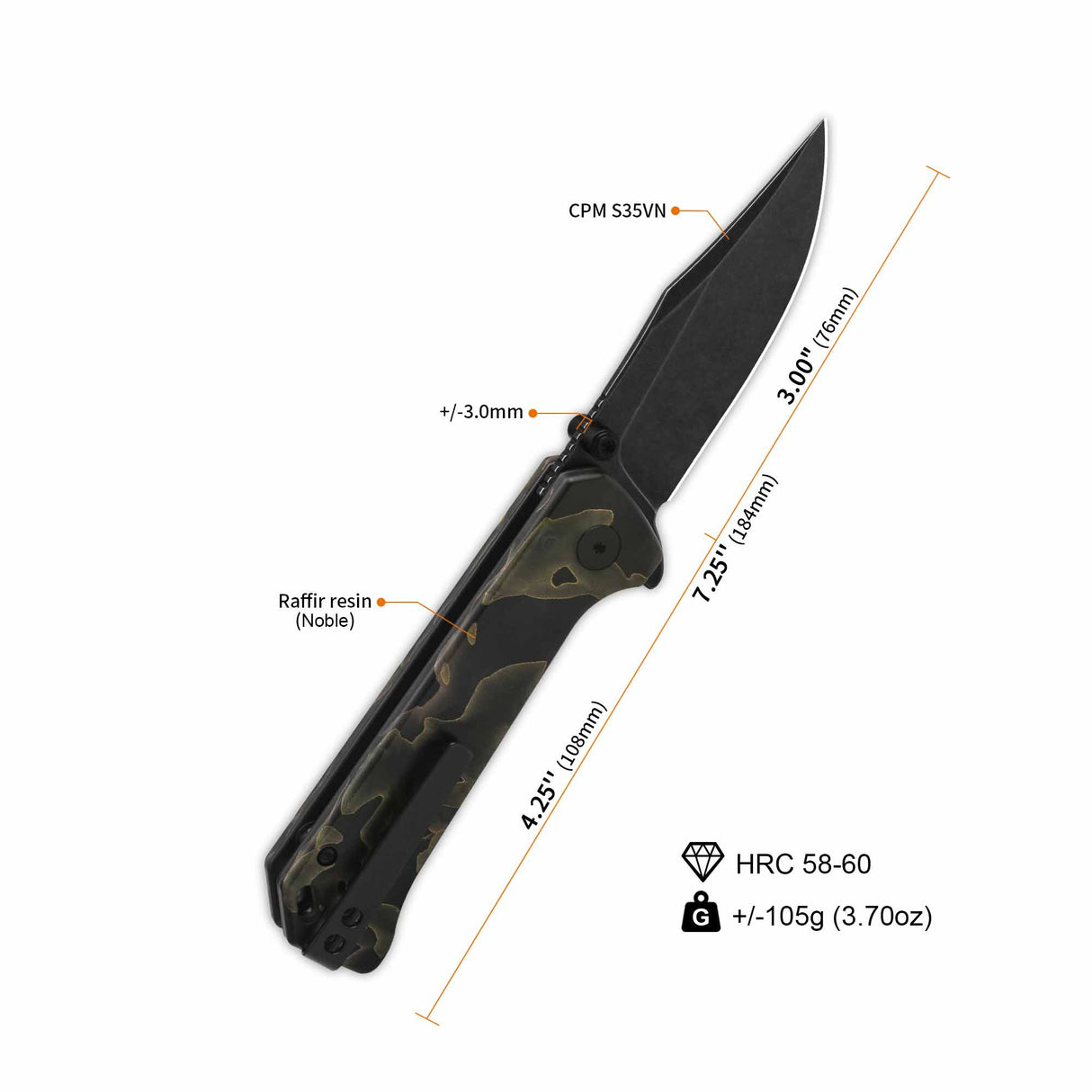 QSP Grebe pocket knife with S35VN blade and camo Raffir resin handle dimensions