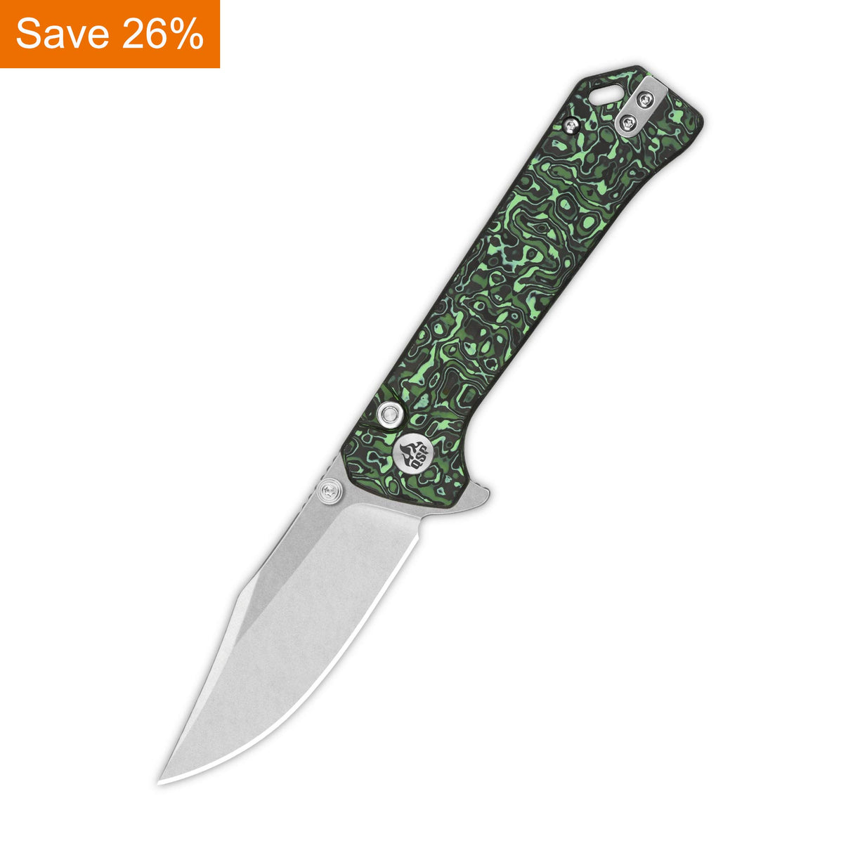 QSP Grebe Button Lock Pocket Knife S35VN blade Green camo CF Handle