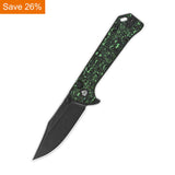 QSP Grebe Button Lock Pocket Knife S35VN blade Green camo CF Handle