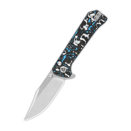 QSP Grebe pocket knife with S35VN blade and blue camo carbon fiber handle