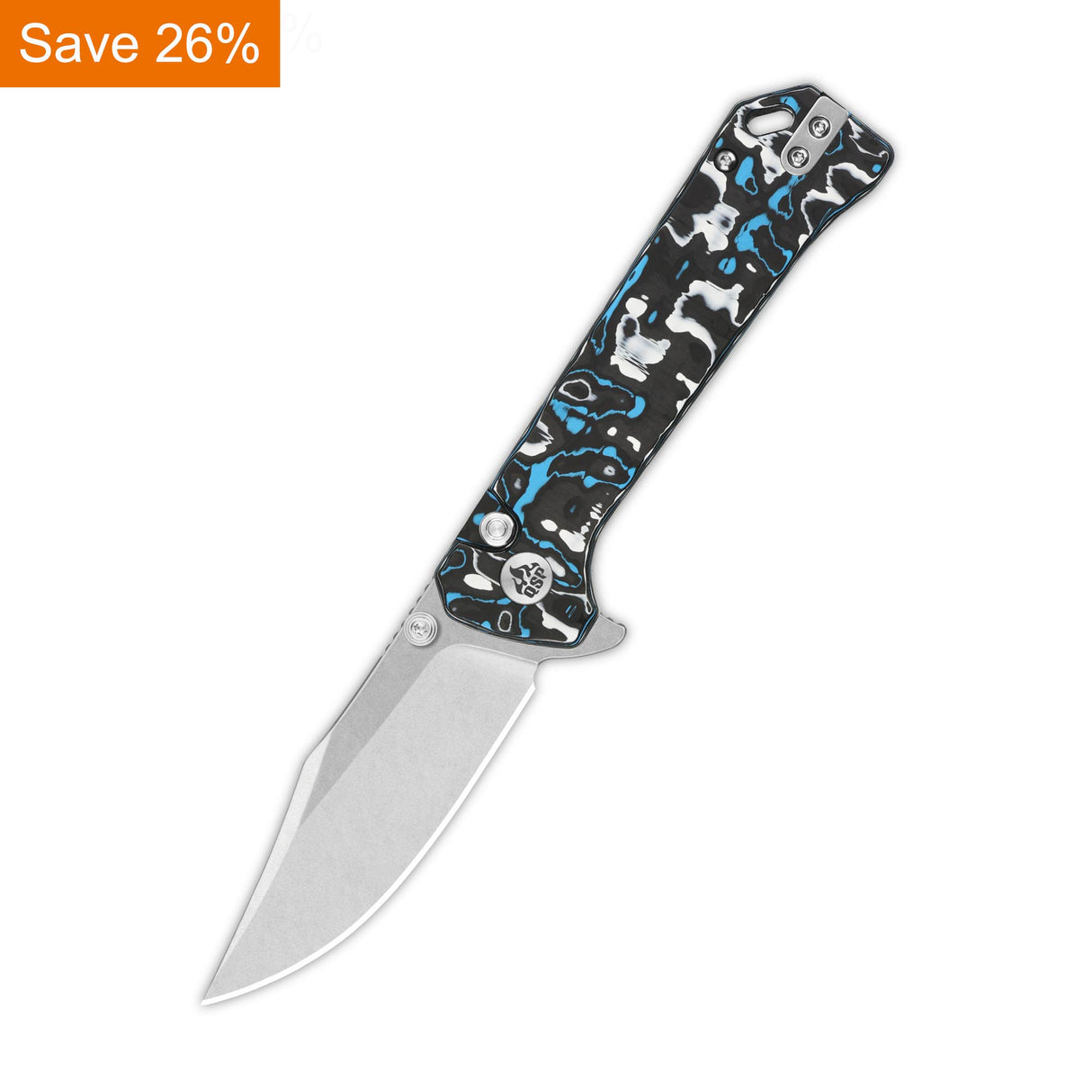 QSP Grebe Button Lock Pocket Knife S35VN blade Blue camo CF Handle