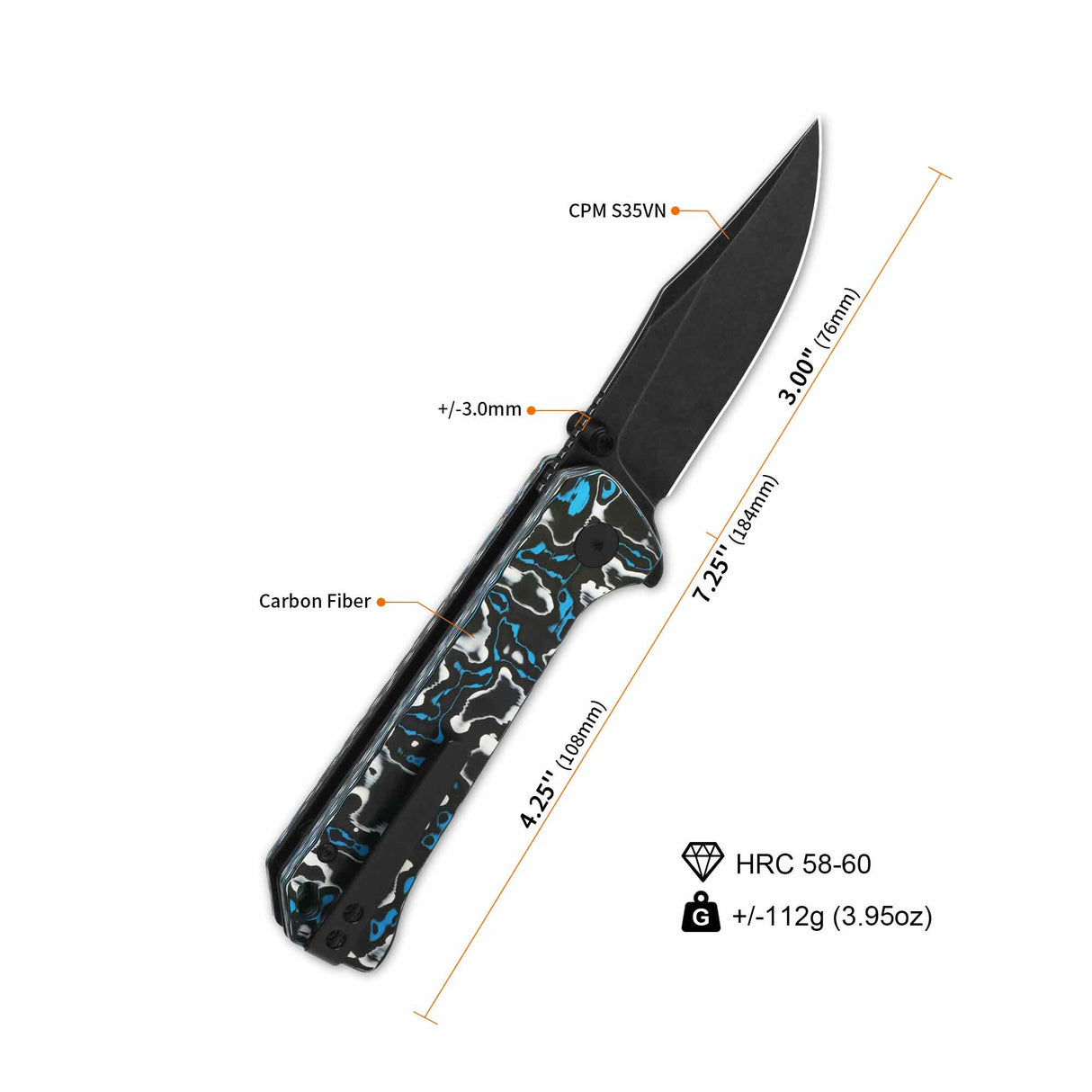 QSP Grebe pocket knife with S35VN blade and blue camo carbon fiber handle dimensions