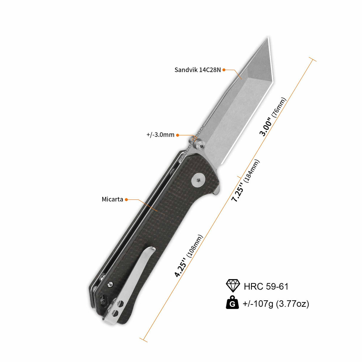 QSP Grebe T Pocket Knife with tanto blade and Micarta handle, dimensions shown
