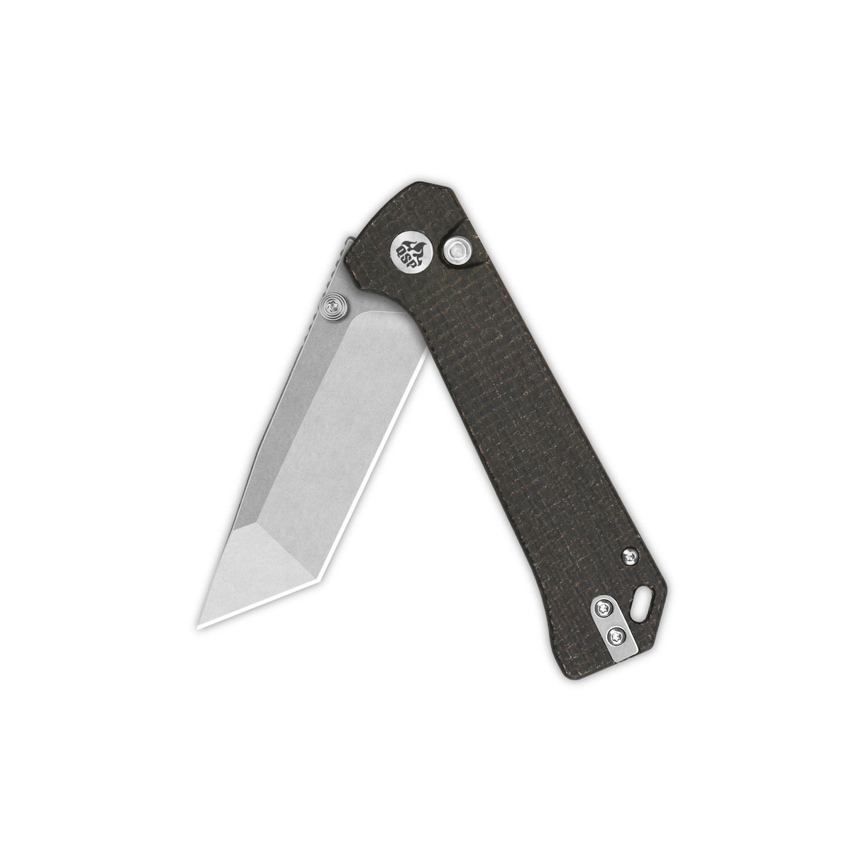 QSP Grebe T pocket knife open with tanto blade and dark brown Micarta handle