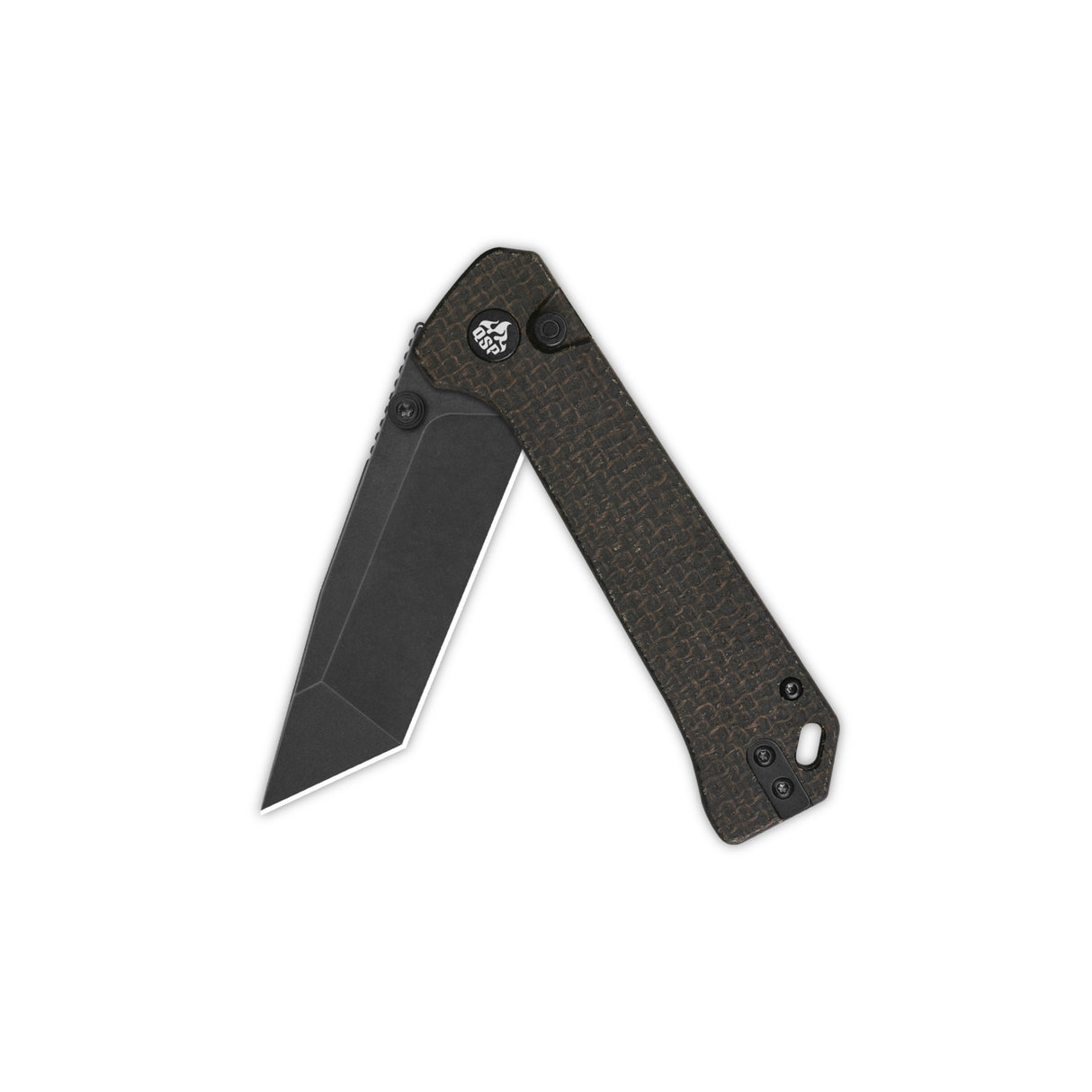 QSP Grebe T pocket knife opened with tanto blade and dark brown Micarta handle