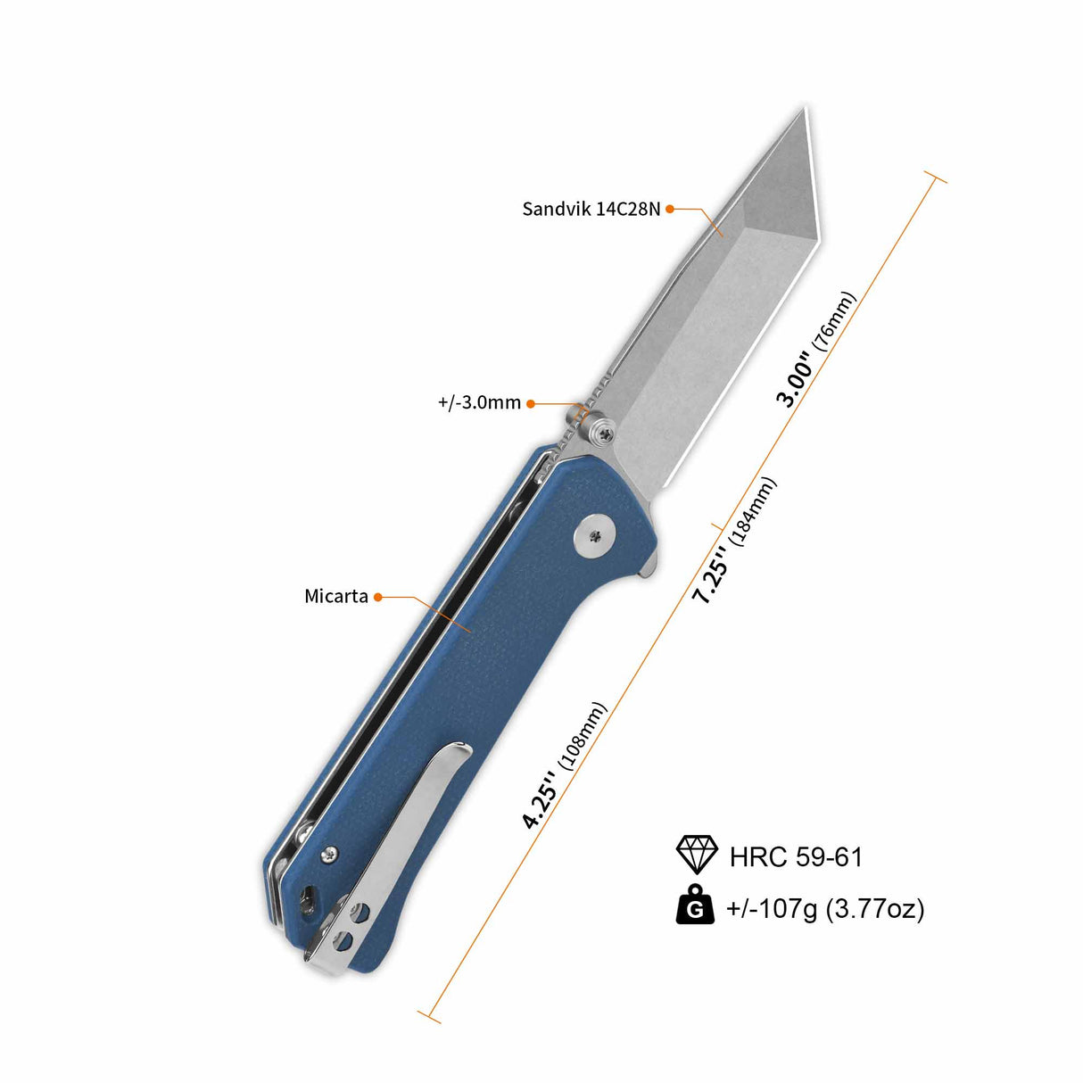 QSP Grebe T button lock pocket knife with Sandvik 14C28N tanto blade.