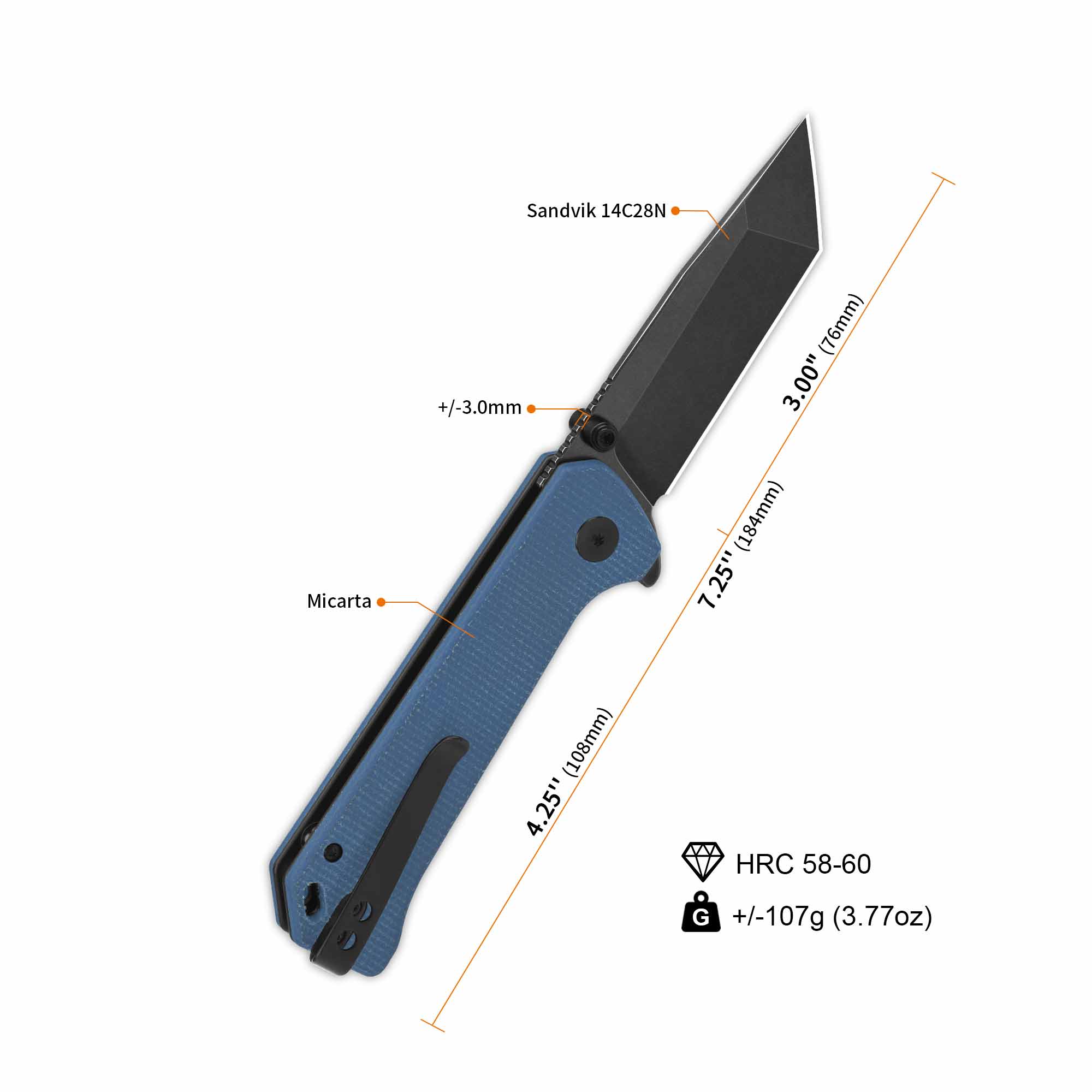 Grebe T Button Lock Knife | 14C28N | Blue Micarta – QSP KNIFE