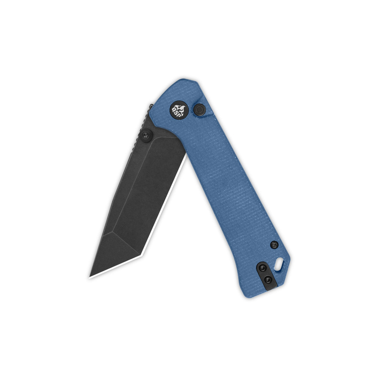 Open QSP Grebe T pocket knife with blue Micarta handle and tanto blade.