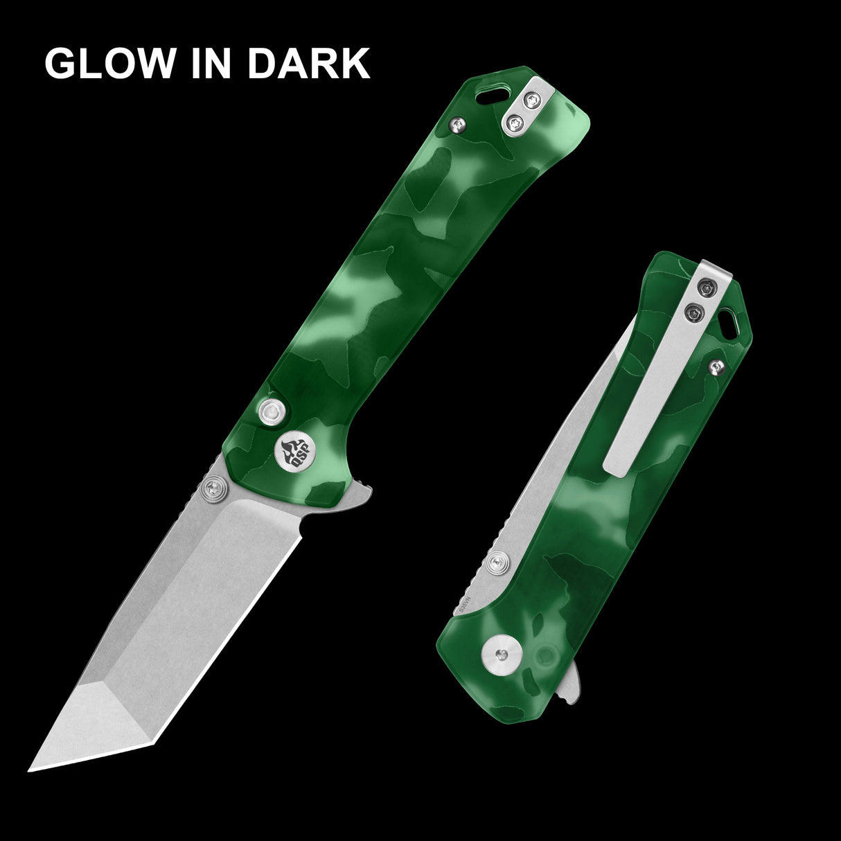 QSP Grebe T pocket knife with tanto blade and glow-in-dark camo handle