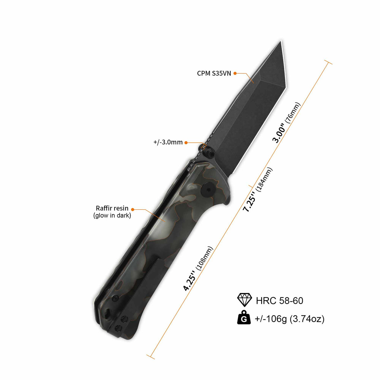 QSP Grebe T Button Lock Pocket Knife S35VN blade Raffir resin Glow in Dark Handle