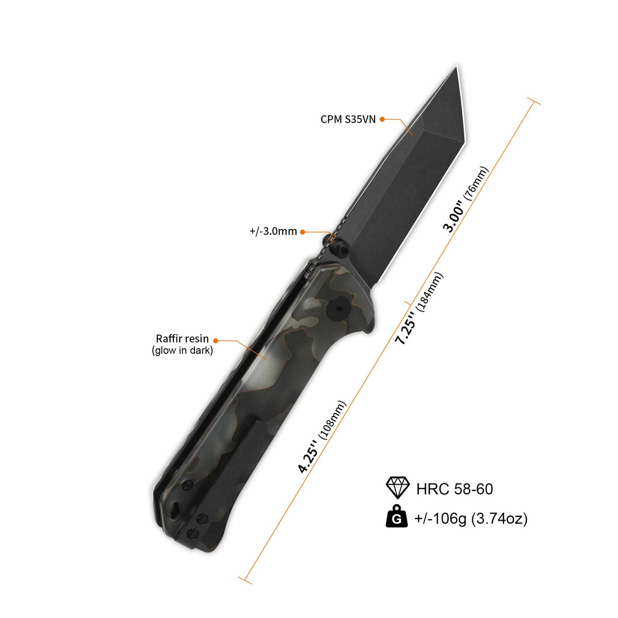 QSP Grebe T pocket knife, S35VN tanto blade, glow-in-dark camo Raffir resin handle.
