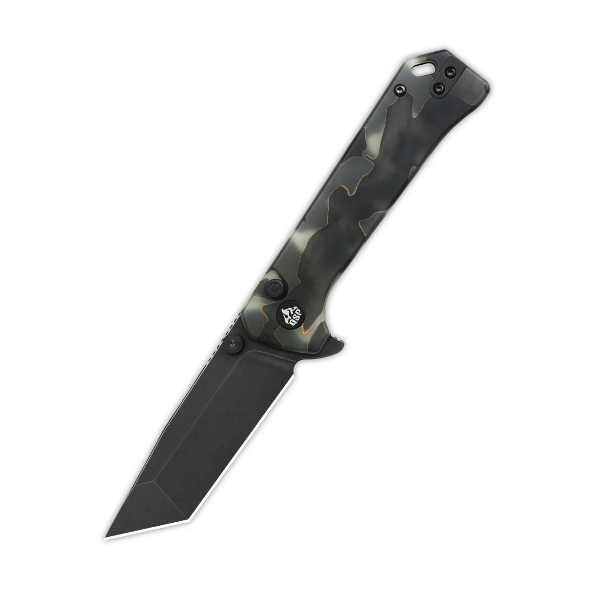 QSP Grebe T pocket knife with black tanto blade and camo glow-in-the-dark handle