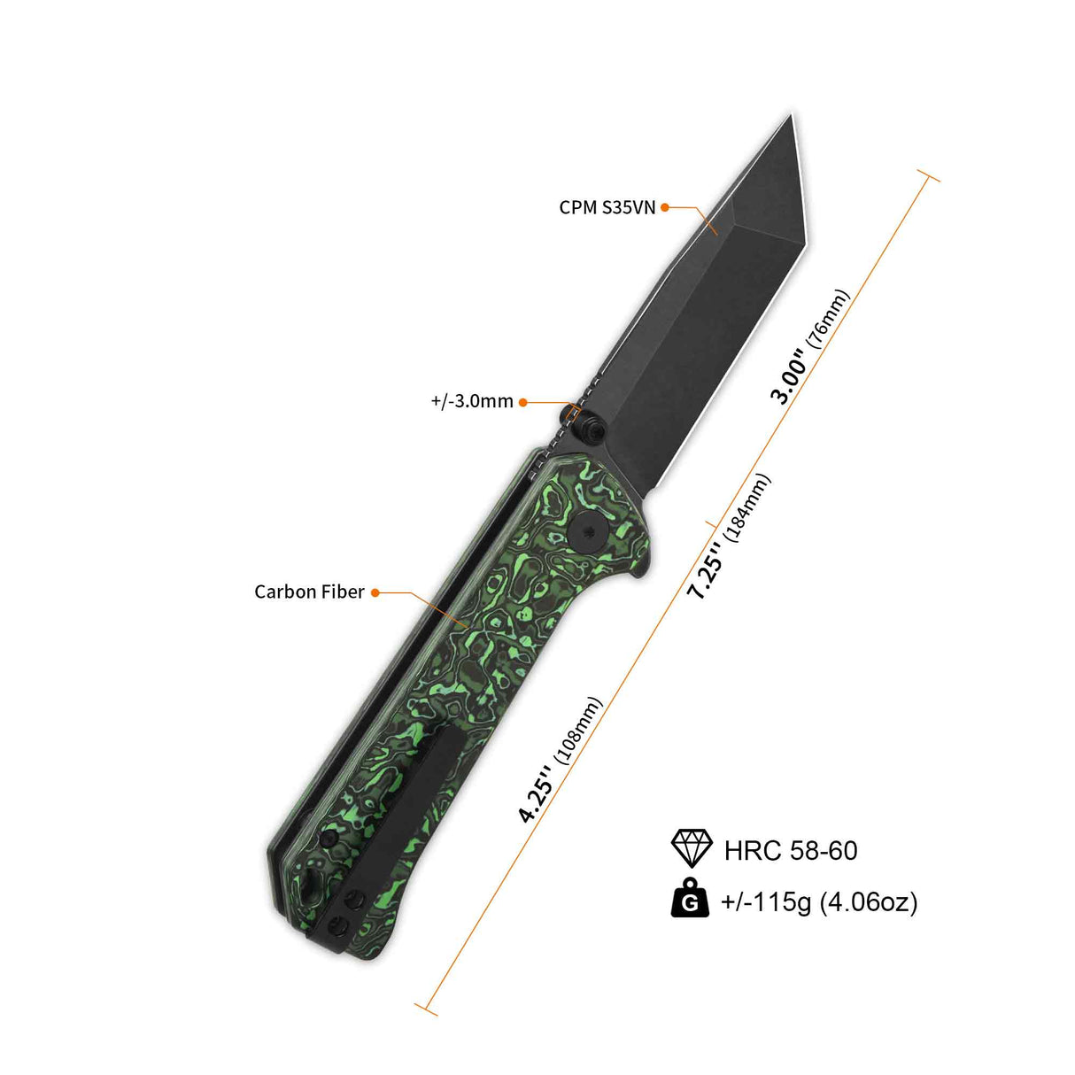 QSP Grebe T pocket knife with S35VN tanto blade and camo CF handle specifications