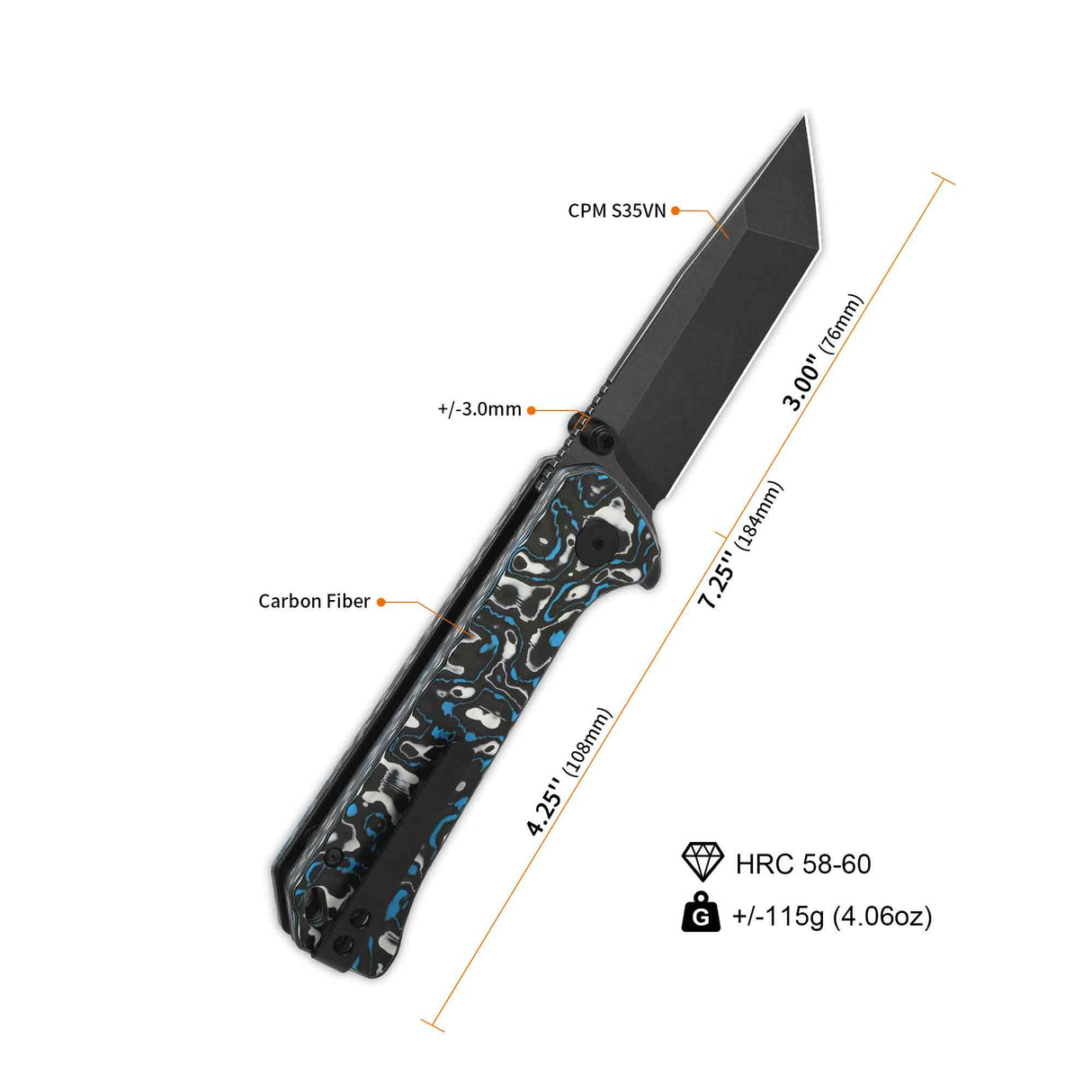 QSP Grebe T pocket knife with tanto blade and blue camo carbon fiber handle