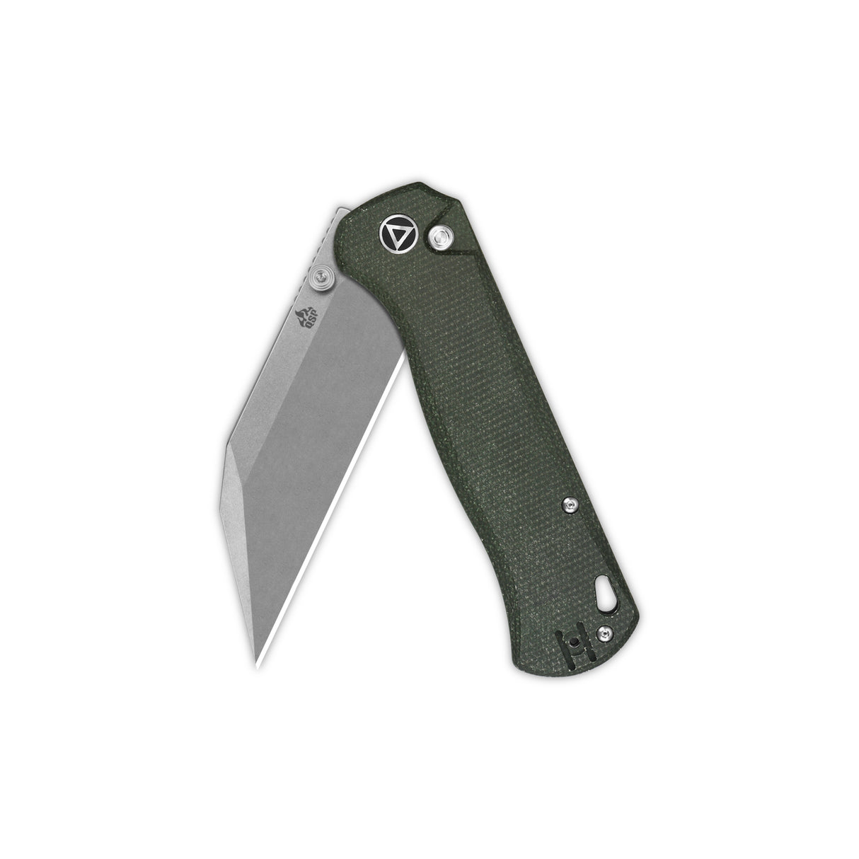 QSP Swordfish pocket knife with green Micarta handle and 14C28N blade opened