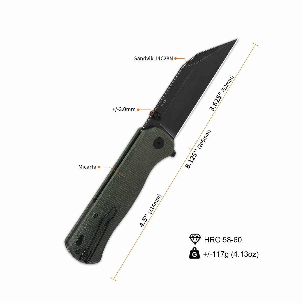 Measurements of QSP Swordfish pocket knife with green Micarta handle and 14C28N blade
