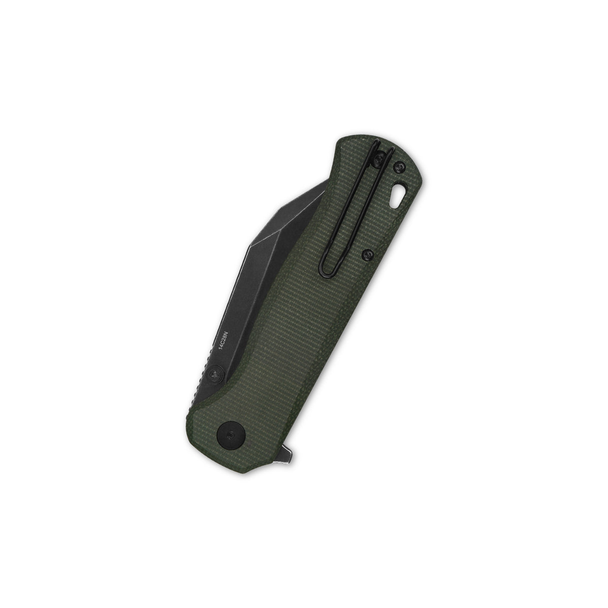 QSP Swordfish pocket knife closed with green Micarta handle and black blade.