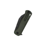 QSP Swordfish pocket knife closed with green Micarta handle and black blade.
