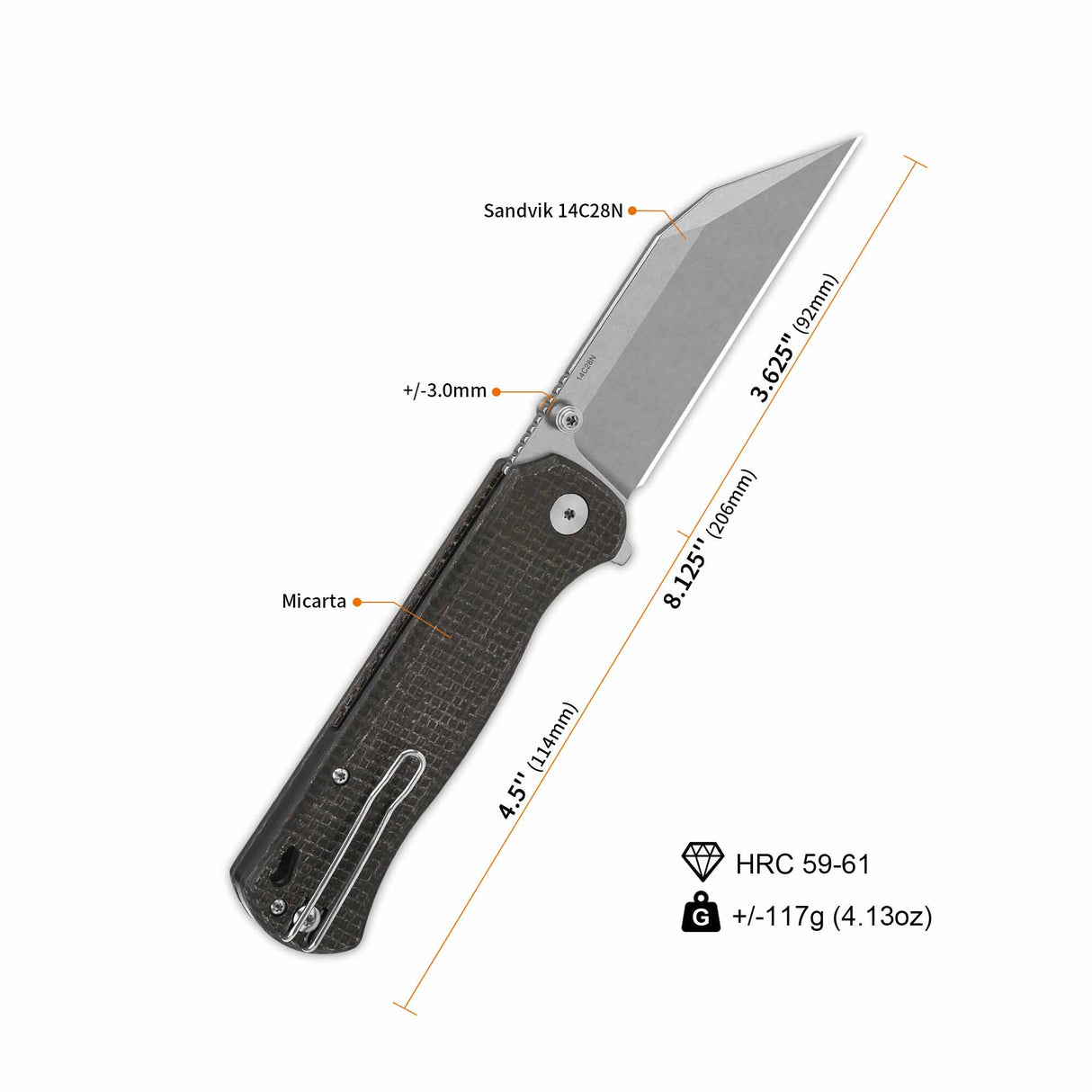 QSP Swordfish pocket knife dimensions featuring 14C28N blade and dark brown Micarta handle.