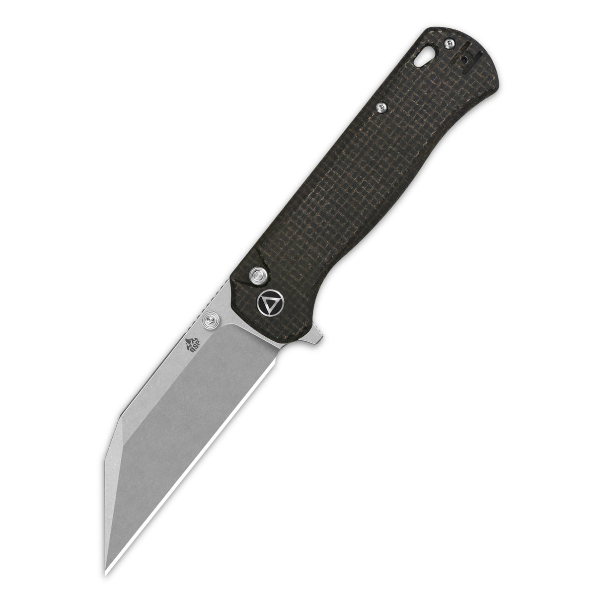 QSP Swordfish Button Lock Pocket Knife with dark brown Micarta handle and 14C28N blade.
