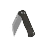 QSP Swordfish Button Lock Pocket Knife with 14C28N blade and dark brown micarta grip.