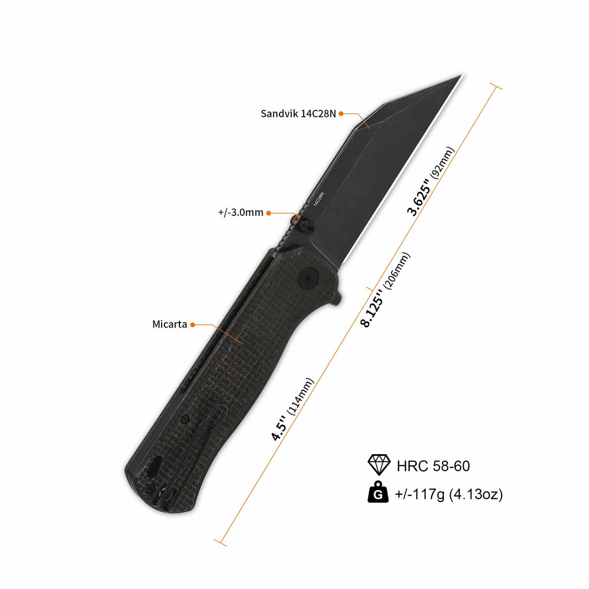 QSP Swordfish Button Lock Pocket Knife dimensions with dark green Micarta handle.