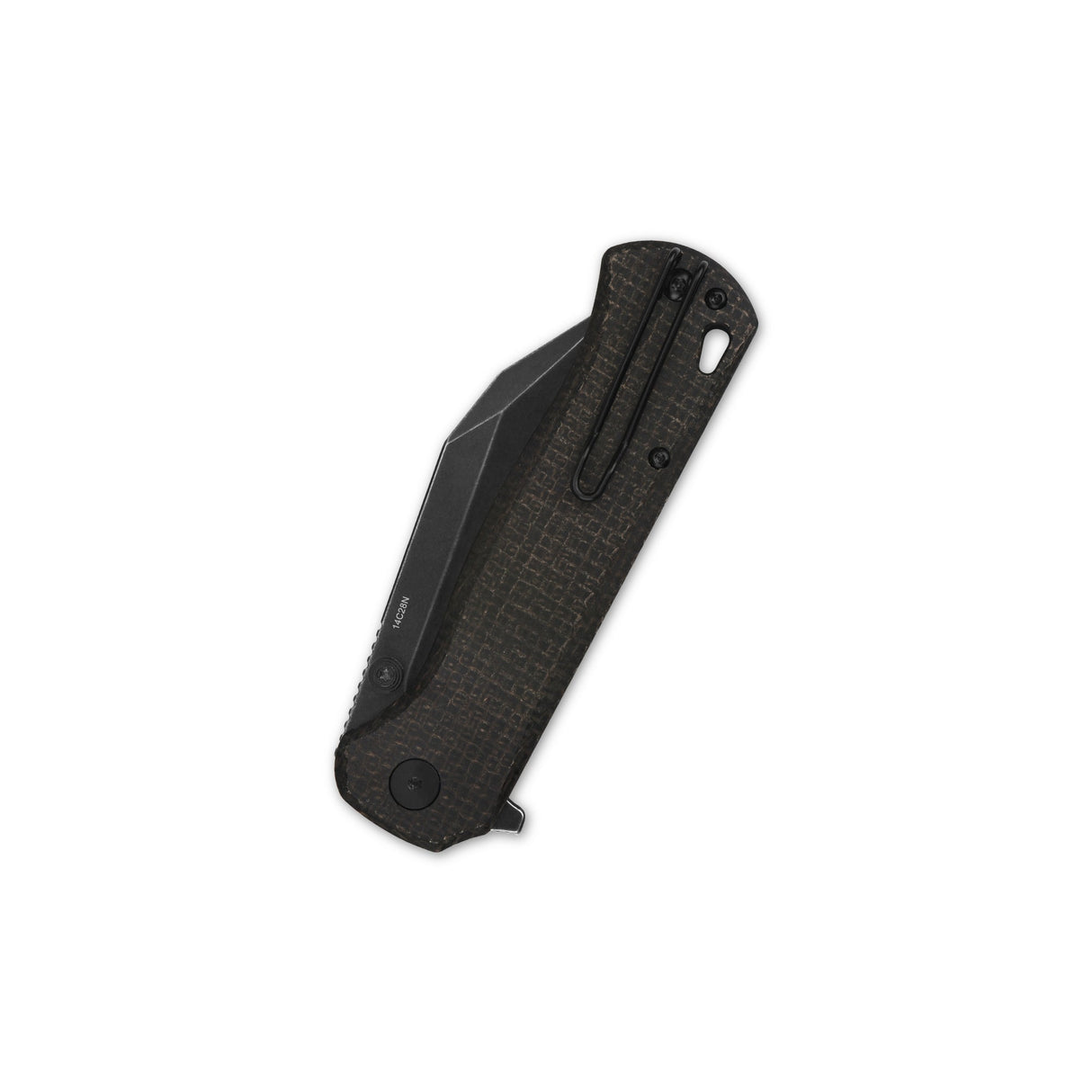 QSP Swordfish pocket knife with dark green Micarta handle and button lock mechanism.